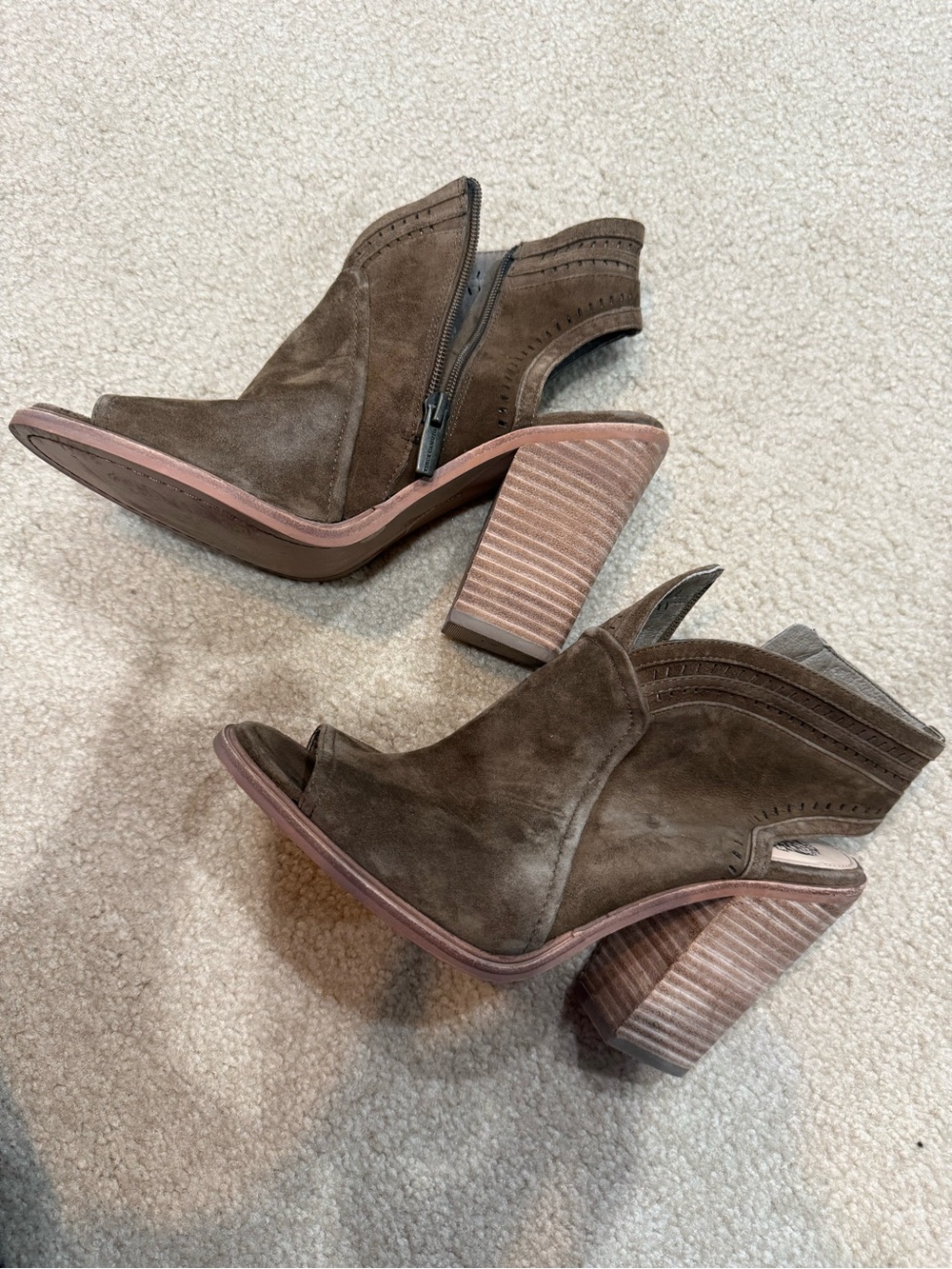 Vince Camuto Taupe Brown Suede Ankle Booties with Stacked Heel